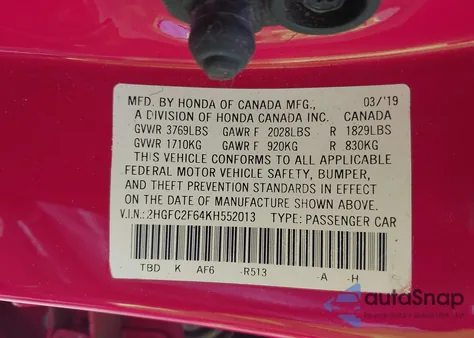 2019 Honda Civic Lx z USA, uszkodzony, nr VIN 2HGFC2F64KH552013